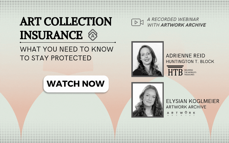 Art Collection Insurance written with headshots of two women in black and white with a black arrow pointing to a watch now button