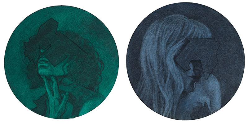 Two charcoal drawings of women's heads