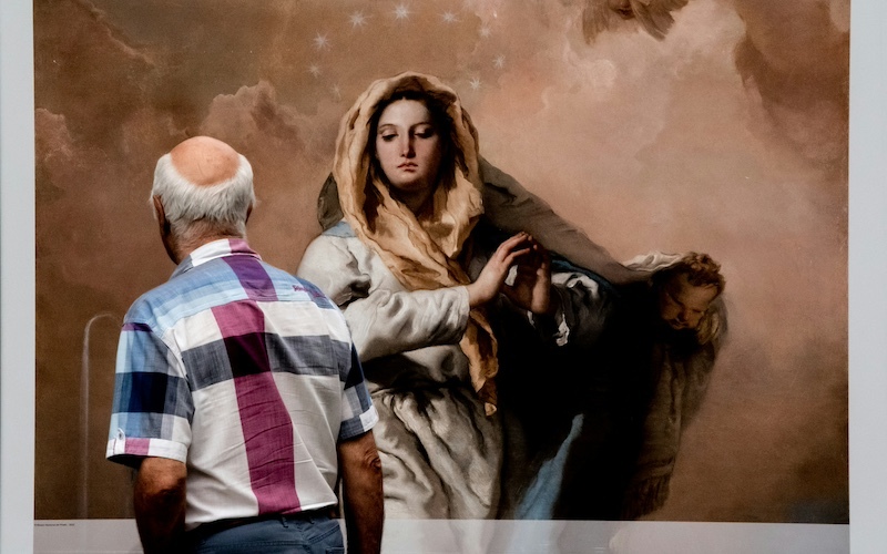 An elderly man with white hair, wearing a plaid short-sleeve shirt, stands in front of a classical painting of a woman draped in flowing robes with a golden headscarf, surrounded by celestial elements. The man appears to be observing the artwork closely in a museum or gallery setting.