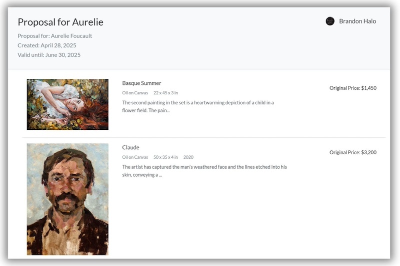 A digital art sales proposal titled "Proposal for Aurelie" showing two artworks with thumbnails, descriptions, and original prices. The artworks are "Basque Summer" priced at $1,450 and "Claude" priced at $3,200. The proposal is created by Brandon Halo and includes the recipient’s name, creation date, and expiration date.