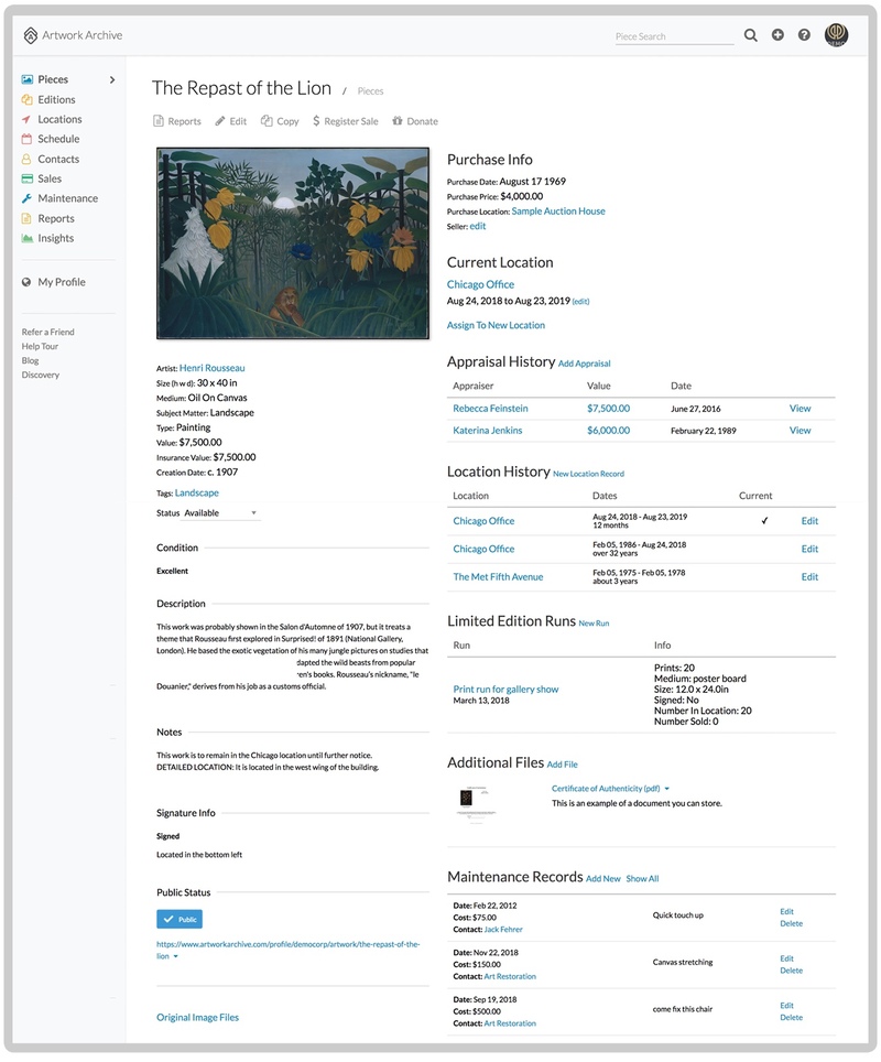 Artwork Archive record page – Artwork record page in Artwork Archive showing detailed information about "The Repast of the Lion" by Henri Rousseau.