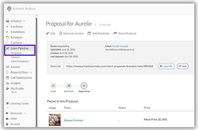 A screenshot of the internal view of a sales proposal within Artwork Archive. The proposal is titled "Proposal for Aurelie" and shows its status as "Negotiating." Options like “Edit,” “Generate Invoice,” and “Share Proposal” appear at the top. On the left menu, “Sales Pipeline” and “Proposals” are highlighted. The proposal includes client details, a shareable link, and a list of artworks with prices.