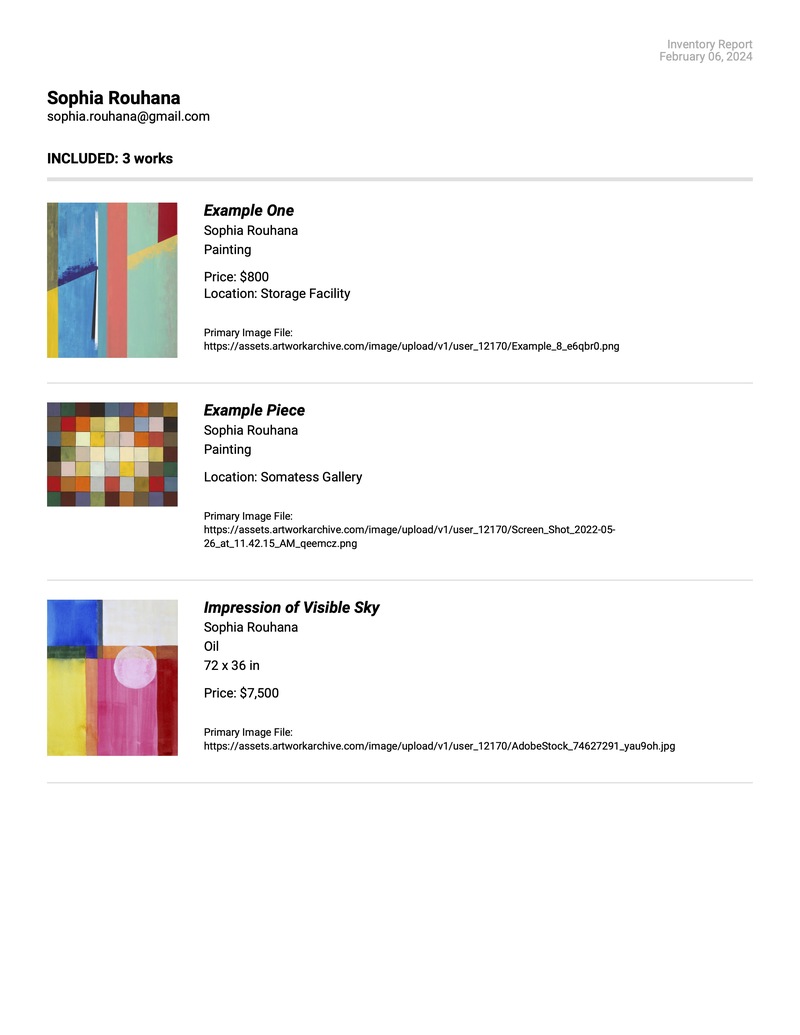 An example of an Inventory report on Artwork Archive.