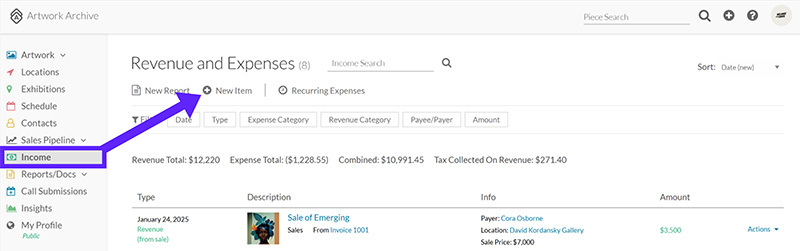 Artwork Archive expense tracking