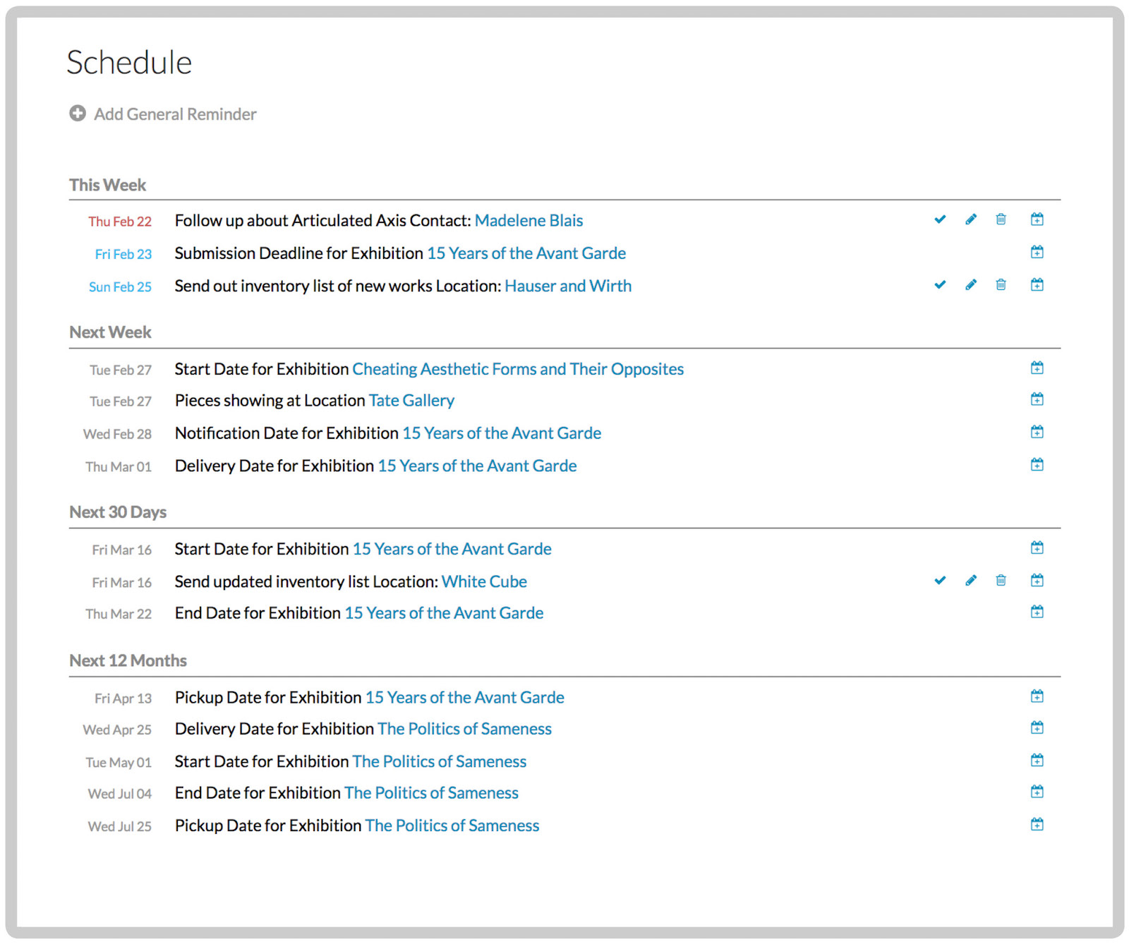 Schedule and reminders interface
