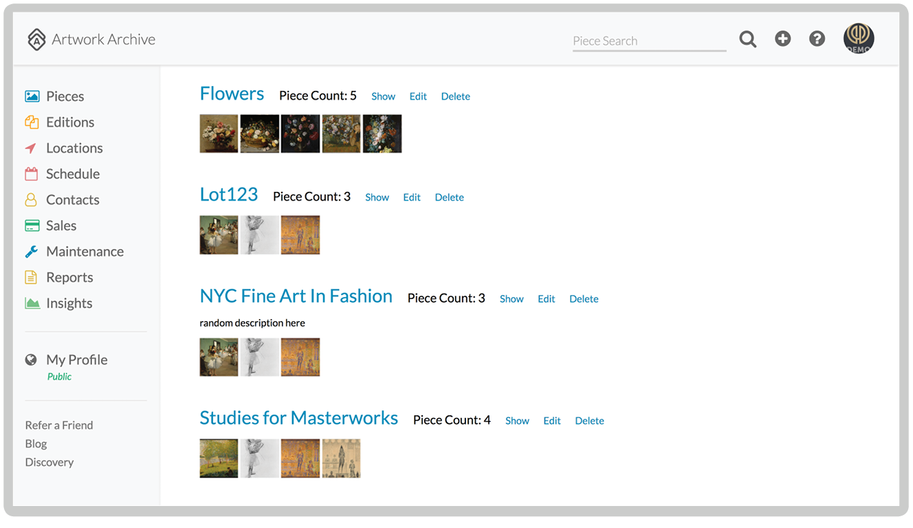 Art collection organization tools and filters
