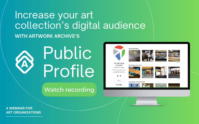 Green and blue background with an open laptop displaying artworks next to text: "Increase your art collection's digital audience with Artwork Archive's Public Profile"