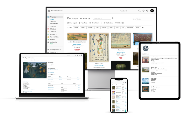Four devices displaying different views of an artwork archive system. A desktop computer shows the homepage of a collection. A laptop displays an individual artwork record. An iPhone presents a list of artworks. A tablet exhibits an example of an inventory report.
