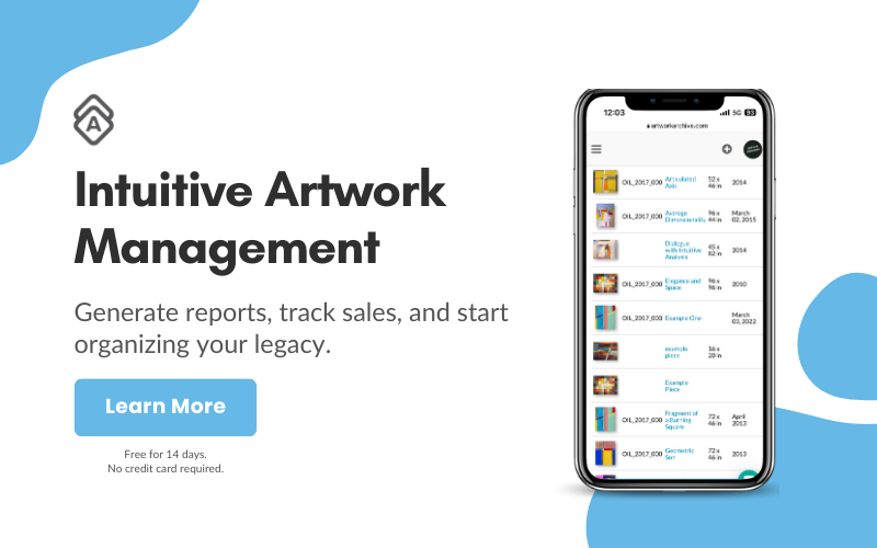 An image ad for Artwork Archive showing the platform on a iPhone.