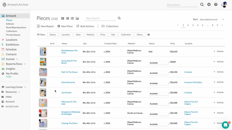 A screenshot of an artwork management interface from Artwork Archive. The interface shows a list view of art pieces with details including thumbnails, titles, dimensions, creation dates, mediums, status, prices, and locations. The left sidebar contains navigation options like Artwork, Locations, and Exhibitions. 