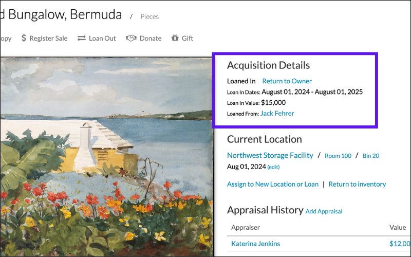Painting of a tropical ocean displayed next to artwork details like Acquisition Details highlighting the Loan information.
