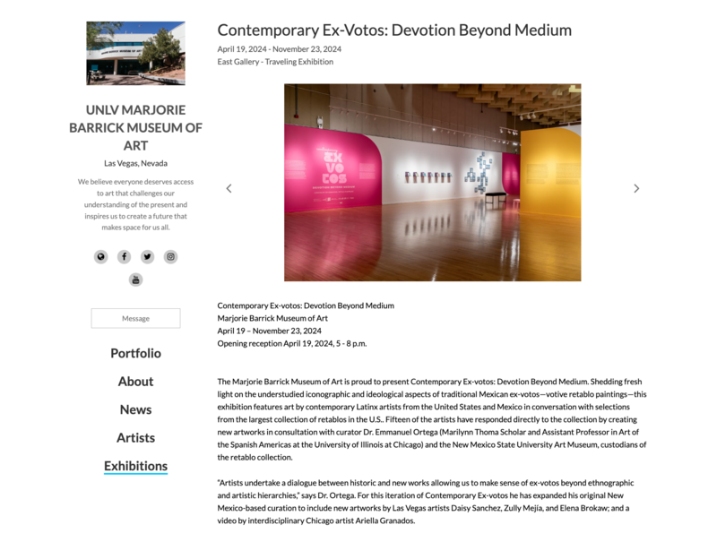 picture of large gallery space with artworks on two walls featured at the top of a webpage screenshot with text describing the exhibit
