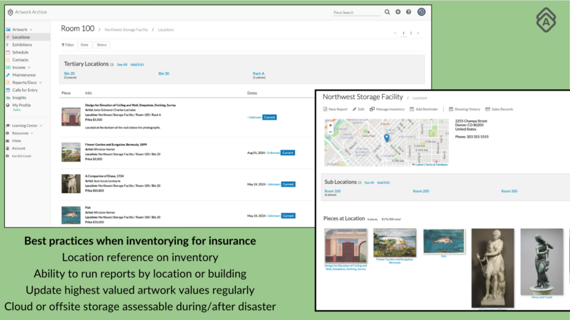 two screenshots of an art database on a green background with black text in the lower left corner