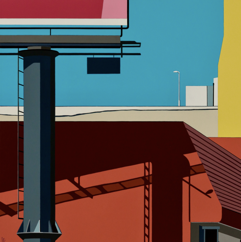 A painting by Gordon Leverton titled Out of Range (36 x 36 x 1.5 in), depicting a bold, graphic cityscape with deep shadows, architectural forms, and a bright blue sky. The composition features a large billboard pole, a slanted red roof, and building silhouettes with crisp outlines and contrasting colors.