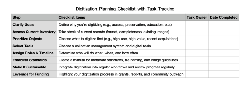 "Digitization_Planning_Checklist_with_Task_Tracking." The table includes columns for Step, Checklist Items, Task Owner, and Date Completed. Steps include: Clarify Goals, Assess Current Inventory, Prioritize Objects, Select Tools, Assign Roles & Timeline, Establish Standards, Make It Sustainable, and Leverage for Funding. Task Owner and Date Completed columns are currently blank.