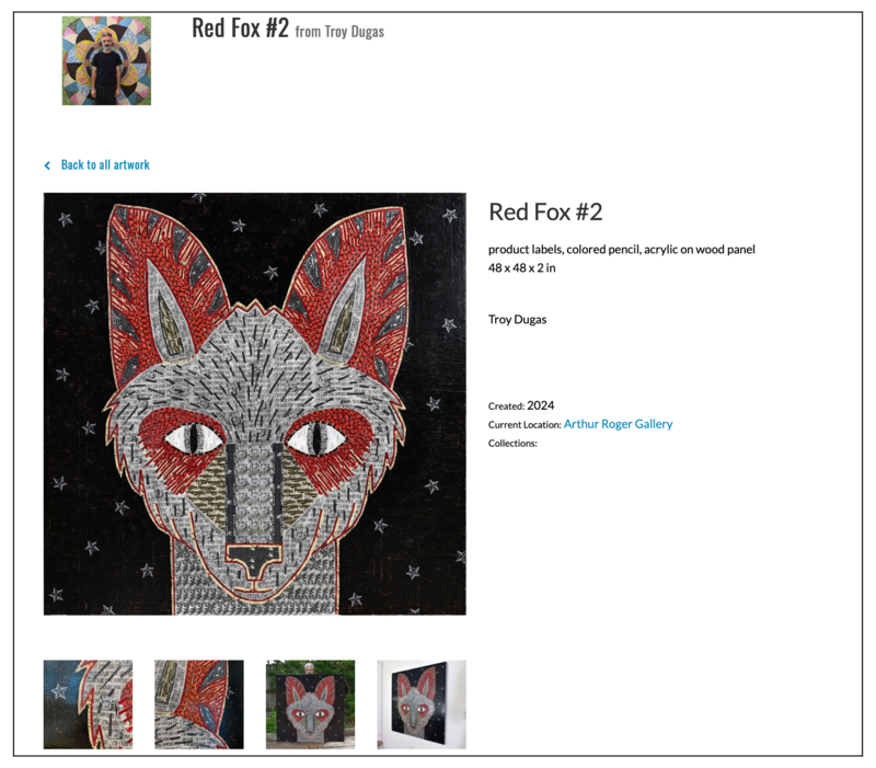 An example of an online viewing room, or Private Room on Artwork Archive from artist Troy Dugas with his work. 