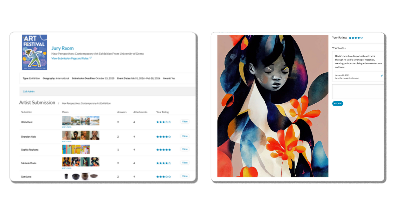 A digital interface displaying the jury review process for the 'New Perspectives: Contemporary Art Exhibition.' On the left, a submissions dashboard lists artist names, number of pieces submitted, attached answers, and ratings. The right side shows a detailed view of an artwork featuring a stylized portrait of a woman with flowing dark hair, abstract floral elements, and a soft color palette. The interface includes a rating system and a section for jurors' notes.
