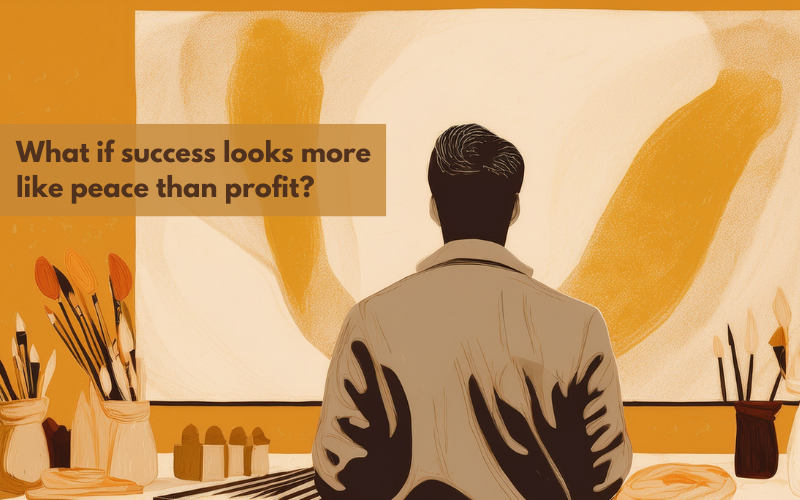 An illustrated scene of an artist standing in front of a large abstract canvas painted in soft creams and ochres. The artist is viewed from behind, wearing a light jacket, and is surrounded by jars of paintbrushes and art supplies on either side. Overlaid on the left side of the image is the text: "What if success looks more like peace than profit?" 